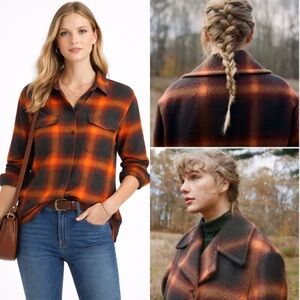 Old Navy The Boyfriend‎ Shirt Orange Plaid Swiftie Flannel Evermore Size Large